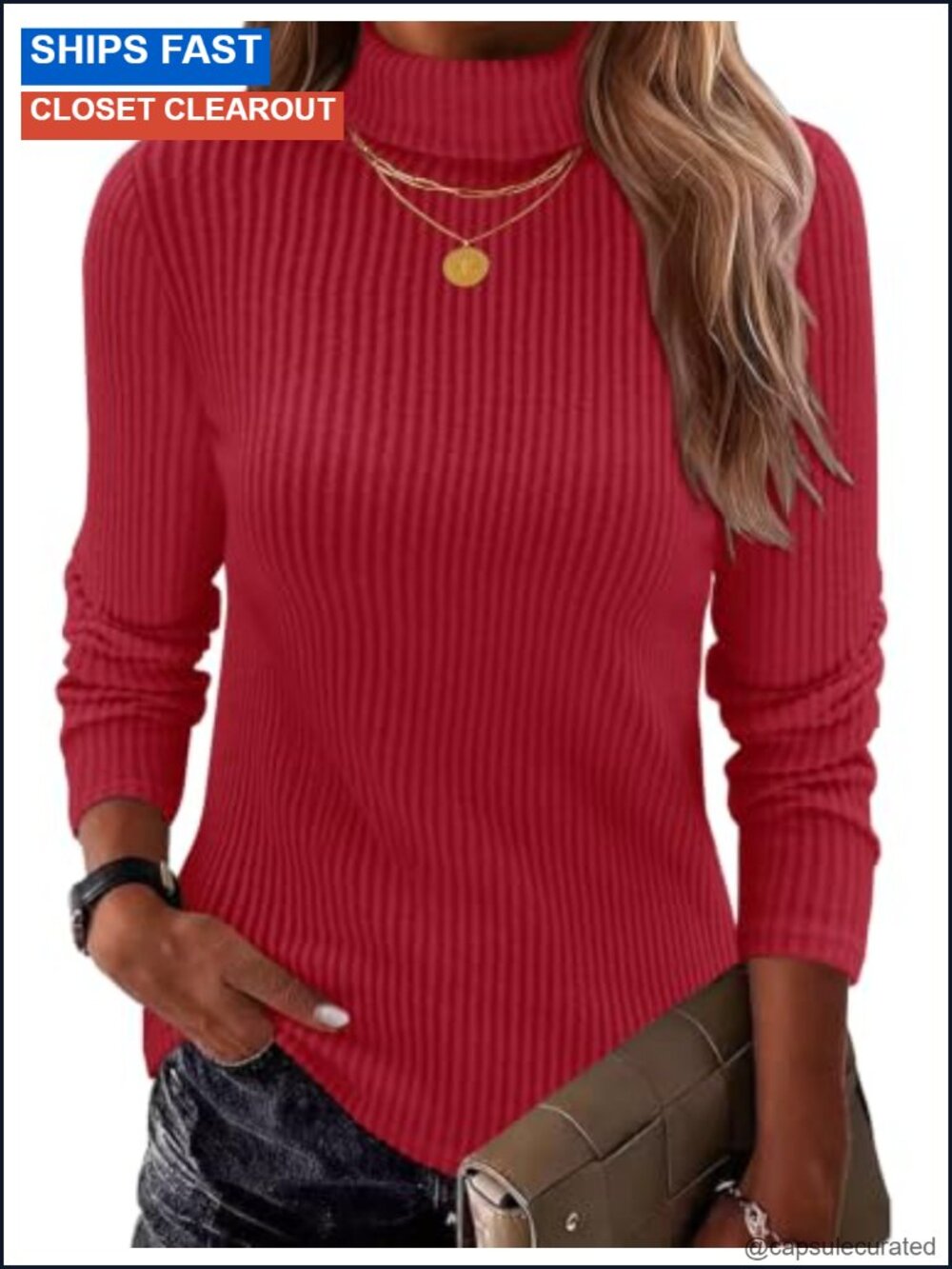 Women's Turtleneck Long Sleeve Ribbed Knit Pullover Sweater